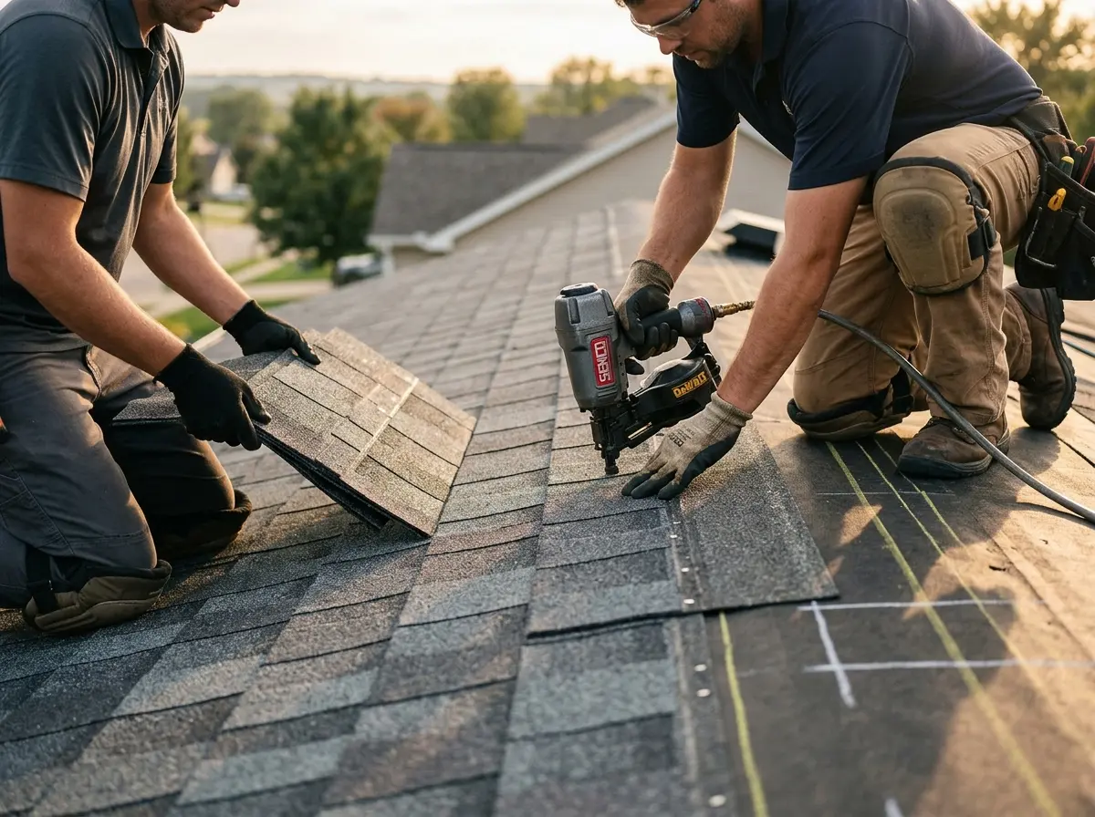 Professional roofer working on a residential roof in La Riviera